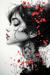 Fototapeta premium Surreal Profile of a Woman with Flowing Black Hair and Vibrant Red Flowers in an Elegant and Dreamlike Composition