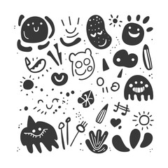 Hand Drawn Abstract Doodle Pattern with Smiling Faces and Shapes