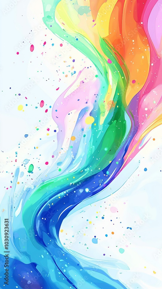 Poster vibrant and dynamic abstract artwork featuring a flowing wave of rainbow colors, accented by a splat