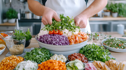 Art of Flavor: A Young Man Arranging Toppings Creatively on a Bright Desk