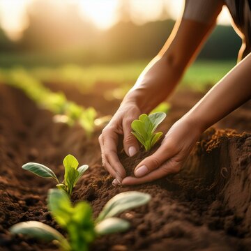 unas manos de mujer plantando una peque&ntilde;a planta en la tierra de una huerta