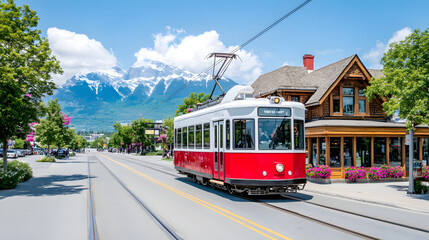 Fototapeta na wymiar Urban Journey: A Vibrant Red Streetcar Crossing Over a Picturesque Wooden Store
