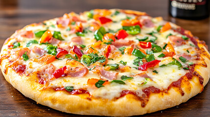 A Deliciously Fresh Pizza Topped with Vibrant Peppers and Gooey Cheese, Perfect for Culinary Indulgence