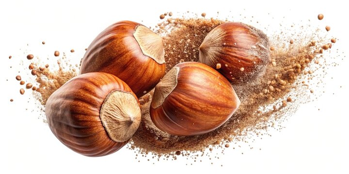 High angle view of hazelnut exploding with pieces and splinters flying on white background