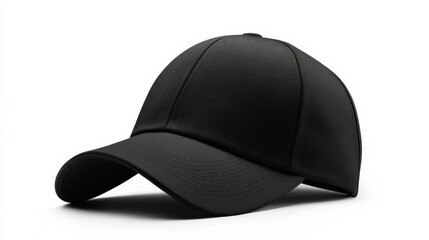 Fototapeta premium Classic black baseball cap is lying on a white background, casting a subtle shadow. The image evokes a sense of simplicity and style, perfect for showcasing branding or design