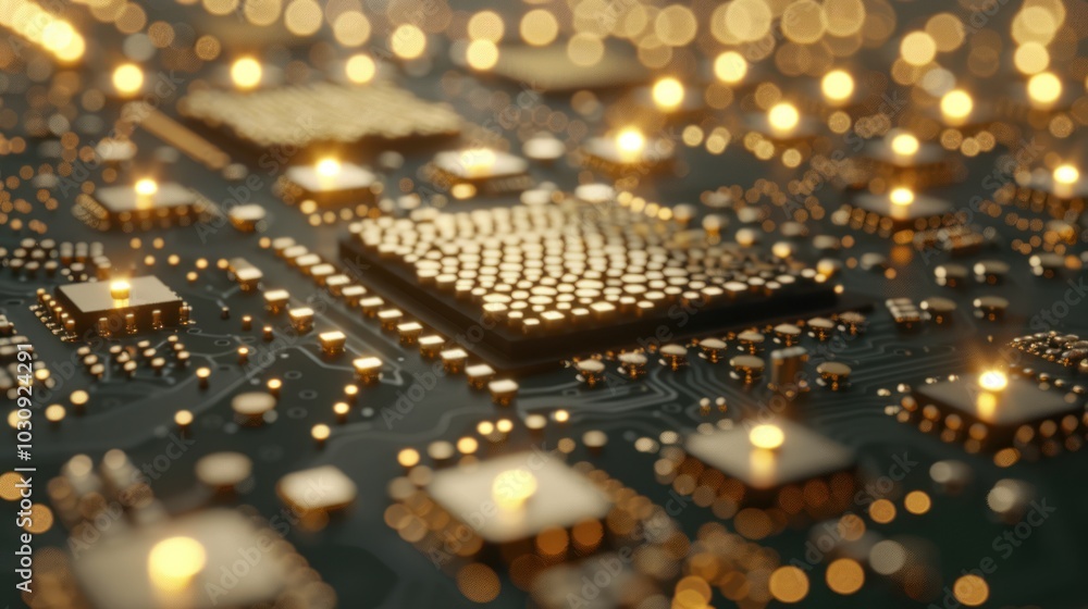 Poster close-up of a golden processor on a circuit board with glowing lights