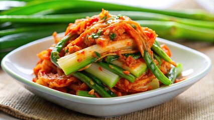 Low angle green onion kimchi with a crunchy texture