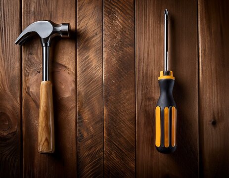 Tabla de madera con un destornillador y un martillo