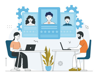 People analyzing candidates. Man and woman near list of employees. Headhunting and recruitment. HR managers analyze candidates for vacancies. Linear vector illustration