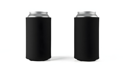 Blank black collapsible beer can koozie mockup isolated, 3d rendering. Empty neoprene cooler holder mock up for tin beverage. Plain drinkware hugger design template. Clear fizzy pop soda sleeve isol