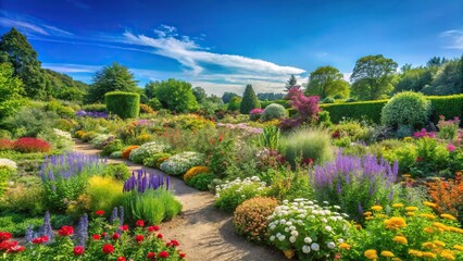 Fototapeta premium Horticulture garden blooming with colorful flowers in summer under blue sky