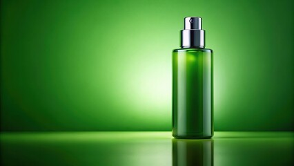 Green bottle of cosmetics on green background