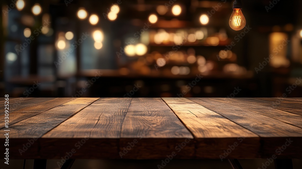 Poster empty rustic wood table and blurred soft light table in restaurant with bokeh background. product di