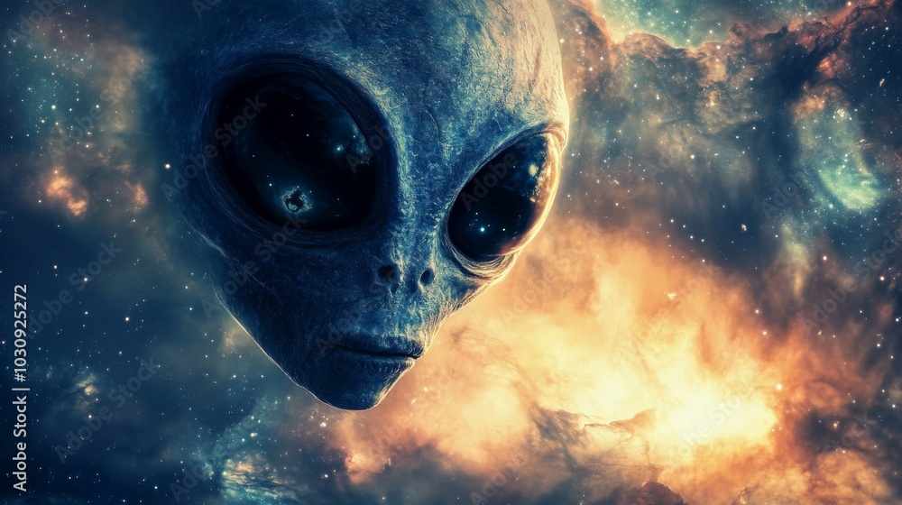 Poster alien is looking into the distance with a backdrop of a colorful nebula and many stars. this would m