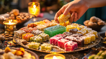 Hand picking assorted indian sweets for diwali from decorative platter with festive candlelight