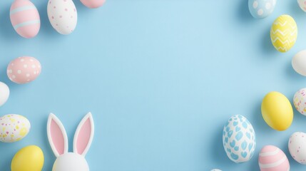 Easter party concept. Top view photo of easter bunny ears white pink blue and yellow eggs on isolated pastel blue background with copyspace in the middle