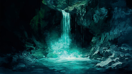 Obraz premium Mystical Cave with Strange Turquoise Liquid Pouring from Above Watercolor Background Illustration Featuring Enigmatic Scene Unique Rock Formations and Magical Atmosphere
