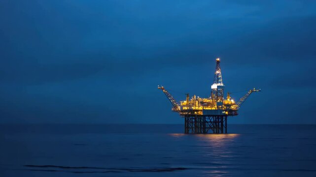 Illuminated Offshore Oil Rig Platform at Night: A Deepmind Static Shot of Ocean Energy, Industry, and Resource Extraction