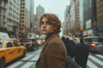 Fototapeta premium Young man walking through busy new york city street