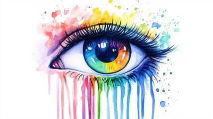 Watercolor painting of an eye with rainbow-colored tears, on a white background, with colorful drips.
