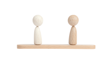 Two wooden figures on a balance beam, representing teamwork and cooperation. Transparent background.