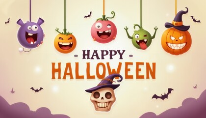 illustration of Halloween decorations with pumpkins and monster faces on a light yellow color background