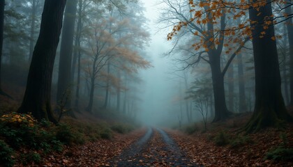 Obraz premium forest in autumn season, beautiful nature in morning, rainy weather, cloudy