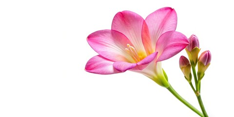 Fototapeta premium Low angle view of pink freesia flower isolated on white background