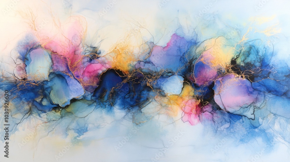 Wall mural abstract alcohol ink painting with blue, pink, yellow and gold colors, resembling a colorful univers