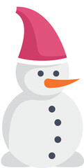 Cute snowman with a carrot nose and coal eyes is wearing a santa hat