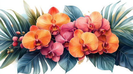 "Beautiful Bouquet with Tropical Orchid Flower and Leaf on White Background"
