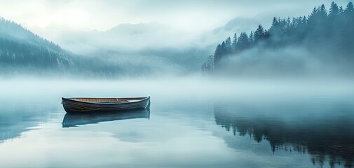 A small wooden boat floats quietly on the lake, surrounded by thick fog. The lake is like a mirror, reflecting the blurred distant mountains, adding to the quiet and lonely atmosphere.