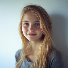 Fototapeta premium Amazing high resolution photos of young beautiful scandinavian teenage girl smiling at camera. Natural shadows.