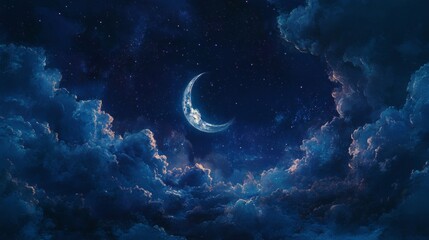 Crescent moon shines in a dark night sky with stars and clouds, evoking wonder and tranquility