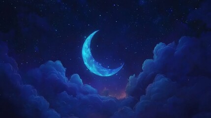 Bright blue crescent moon shines over a deep blue night sky, casting a gentle glow on the clouds below, creating a serene and tranquil scene evoking wonder and magic in the dark celestial evening