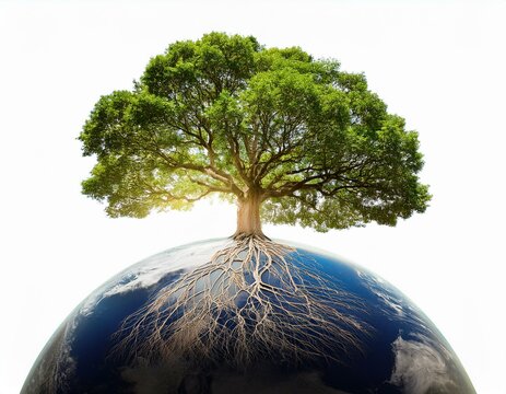 Un arbol con grandes raices creciendo sobre el planeta 