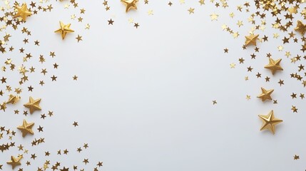 Shimmering golden stars create a festive border on a clean white background, perfect for adding text or design elements. Ideal for holiday celebrations, christmas, or glamorous events
