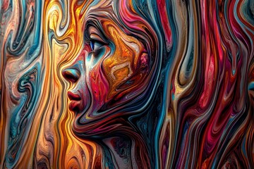 Abstract Portrait of a Woman with Wavy Lines and Vivid Colors