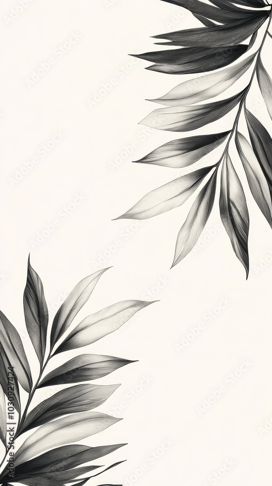 Poster two black and white palm leaves are creating a sophisticated border on a minimalist white background