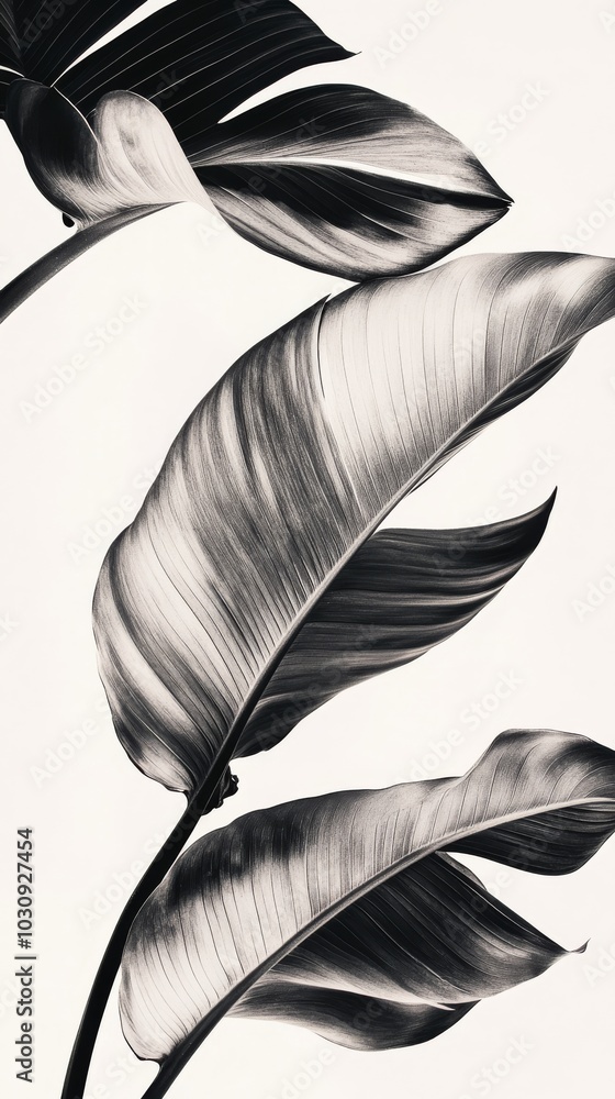 Poster three large tropical leaves are overlapping creating a graphic and modern pattern with their lines a