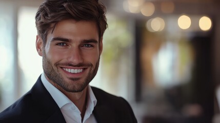 Fototapeta premium handsome businessman in formal wear smiling and looking at camera