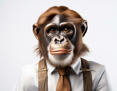 Retrato de un simio vestido con aspecto humano y traje elegante