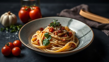 Traditional Italian pasta Carbonara, Spaghetti with bacon, egg and parmesan cheese