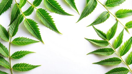 Medicinal neem leaves isolated on white background, wide-angle shot