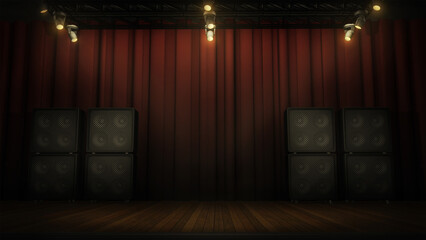 Music stage virtual studio background. A custom 3D render backdrop, ideal for band shows and live performances, online events, etc. Suitable on VR sets, with green screen