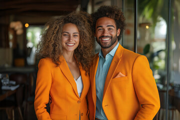 Two business partners smiling in matching orange suits