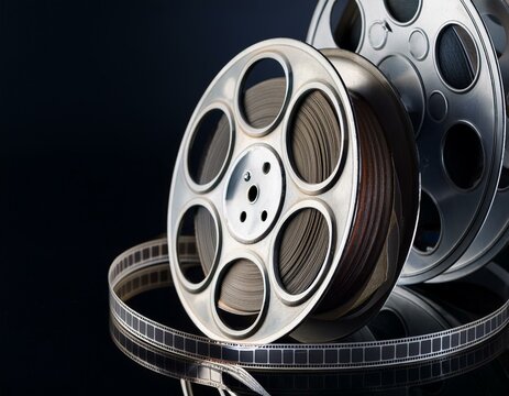 Cinta o carrete de pelicula de cine vintage como imagen de cineclub aislado sobre fondo negro