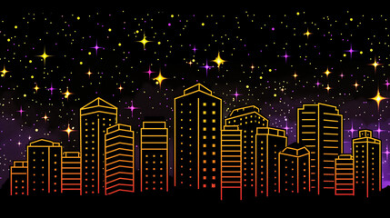 Linear Urban Elegance: Modern Cityscape with Fluorescent Accents and Starry Sky Design