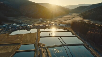 Aerial View of Sunlit Ponds and Fields in a Mountain Valley