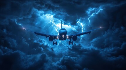 Fototapeta premium Plane flies amidst large dark storm clouds carrying lightning